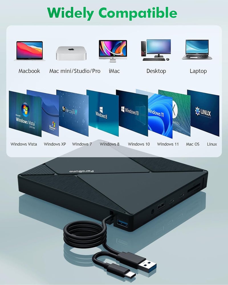 PeroBuno External CD DVD Drive, USB 3.0 Optical Disc Drive, 4 USB Ports and 2 TF/SD Card Slots, CD DVD Burner Writer Reader Player for Laptop MacBook PC Windows 11/10/8/7 Linux OS with Carrying Case - Image 5